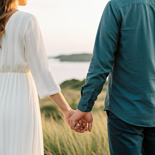 Romantic couple walking hand in hand outdoors